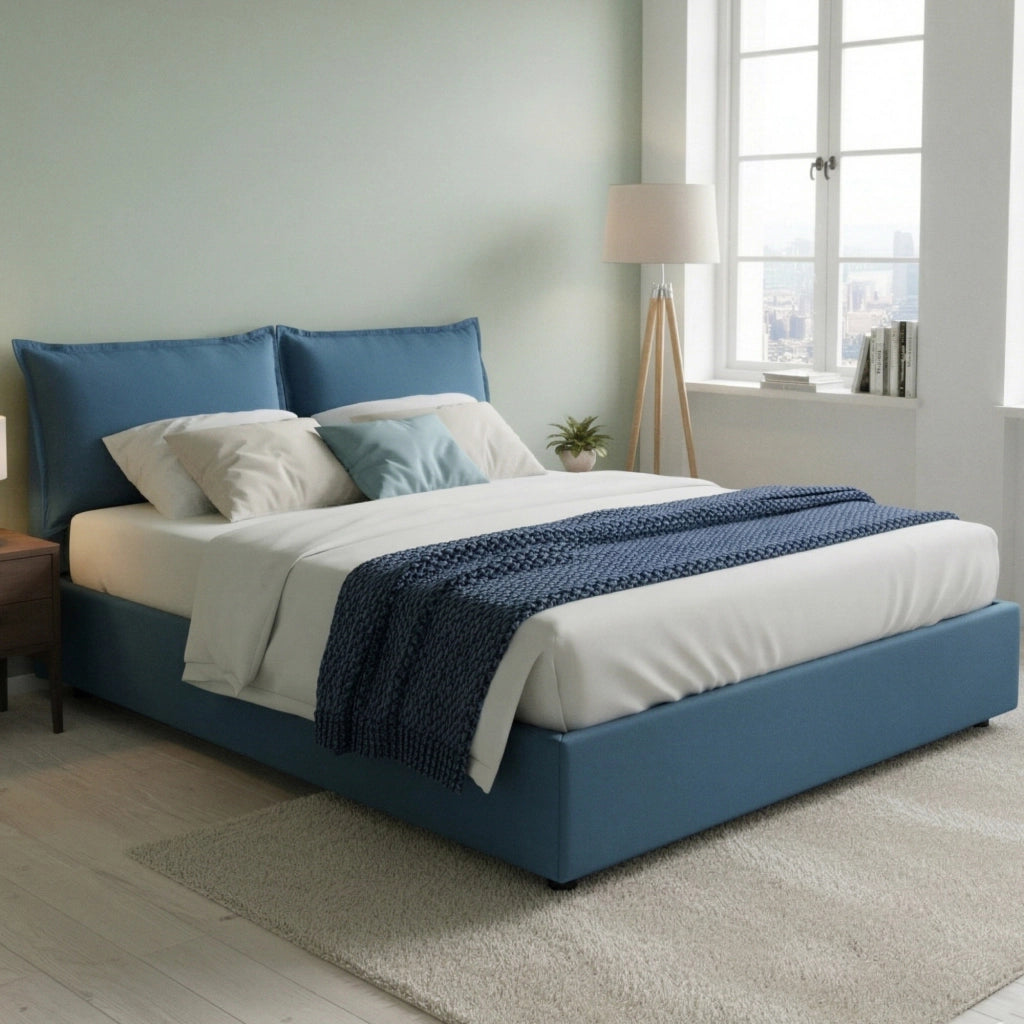 Letto matrimoniale Agalo, Letto contenitore con rivestimento in tessuto, Made in Italy, Apertura frontale, adatto per materasso cm 140x200, Blu