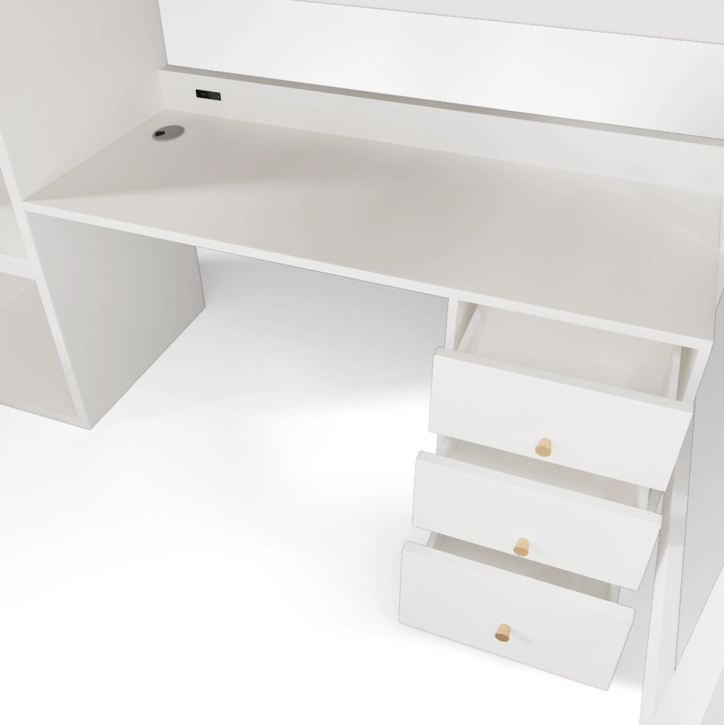 Letto a soppalco ULEVR 90x200 cm con scrivania USB/Type-C, armadio, cassetti e scaffale, bianco