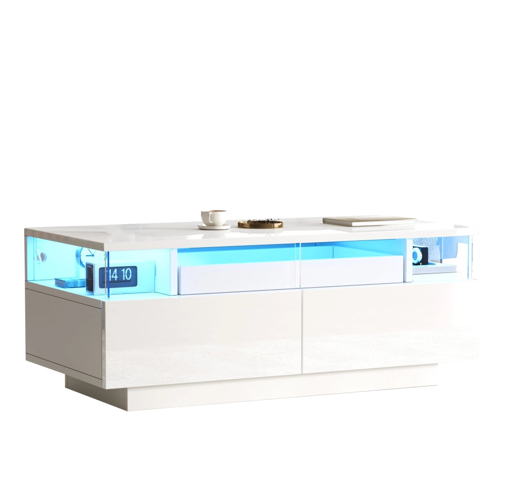 Tavolino da salotto 90x45x35;5 cm bianco lucido con vassoio; 2 cassetti e LED