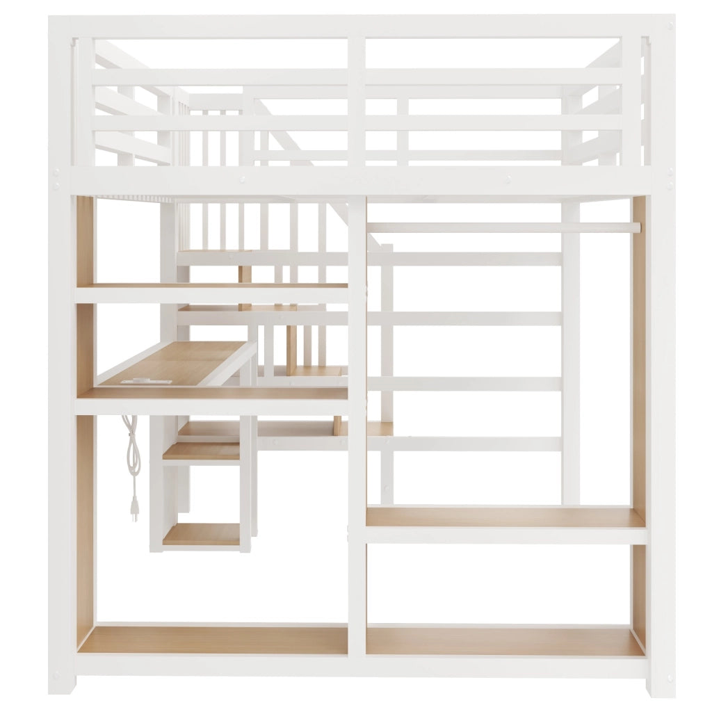 Letto a Soppalco 160x200 cm; Letto Matrimoniale - Scrivania; LED; USB; Armadio e Scala