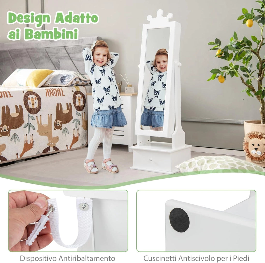Armadio Gioielli per Bambini 3+ Anni con Specchio, Armadietto Portagioie da Terra con 3 Cassetti, Ideale per Camera da Letto (Bianco)