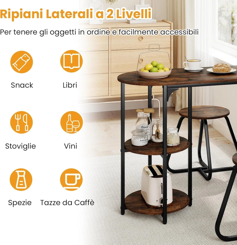 Set da Pranzo Industriale 3 Pezzi, Tavolo da Cucina in Legno con 2 Sgabelli e Ripiani Portaoggetti, Set da Pranzo Salvaspazio per Appartamenti, Cucina e Soggiorno (Caffè)