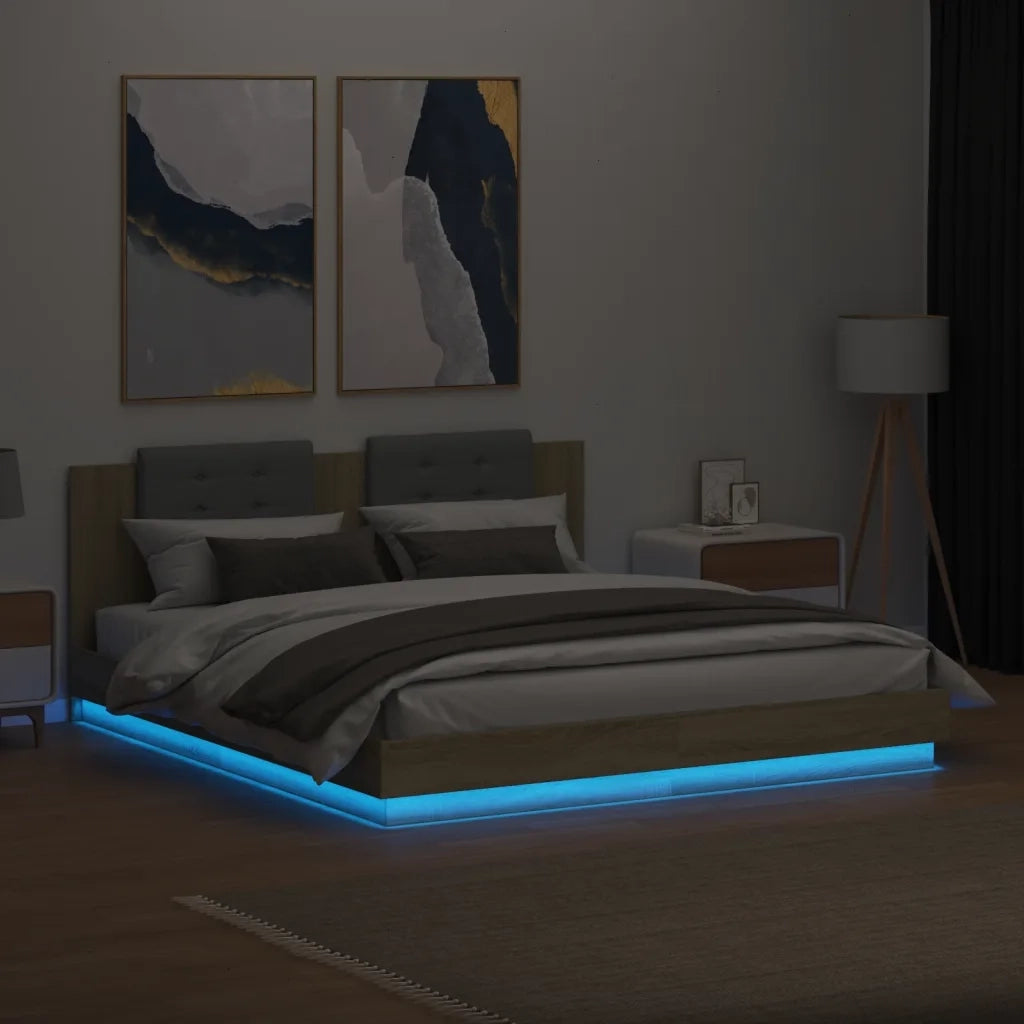 Giroletto con Testiera e LED Rovere Sonoma 180x200 cm