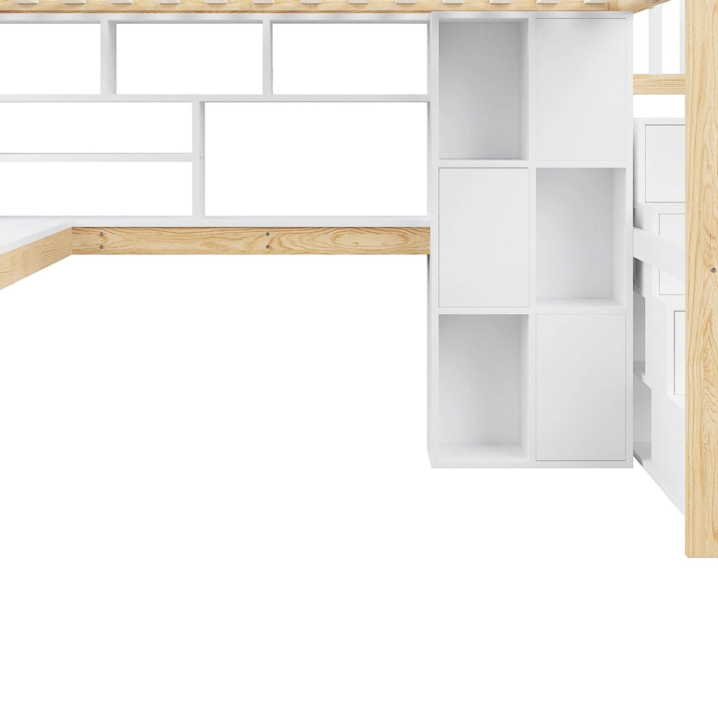 DESMIU Letto a Soppalco 2 Posti con LED, Scala Contenitore, Scaffali e Scrivania 140 × 200 cm Senza Materasso