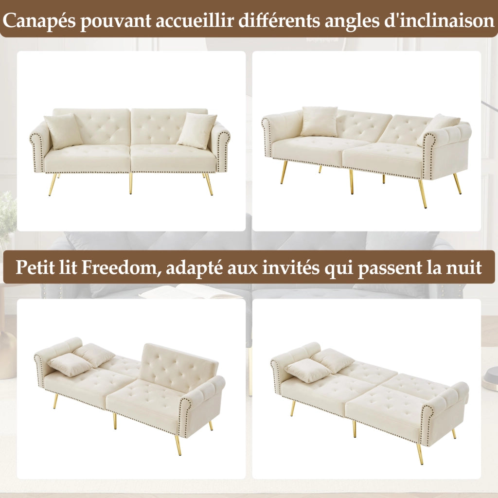 OKWISH Divano letto 2 posti, doppio schienale regolabile in 3 posizioni con 2 cuscini e spazio inferiore, Velluto Beige