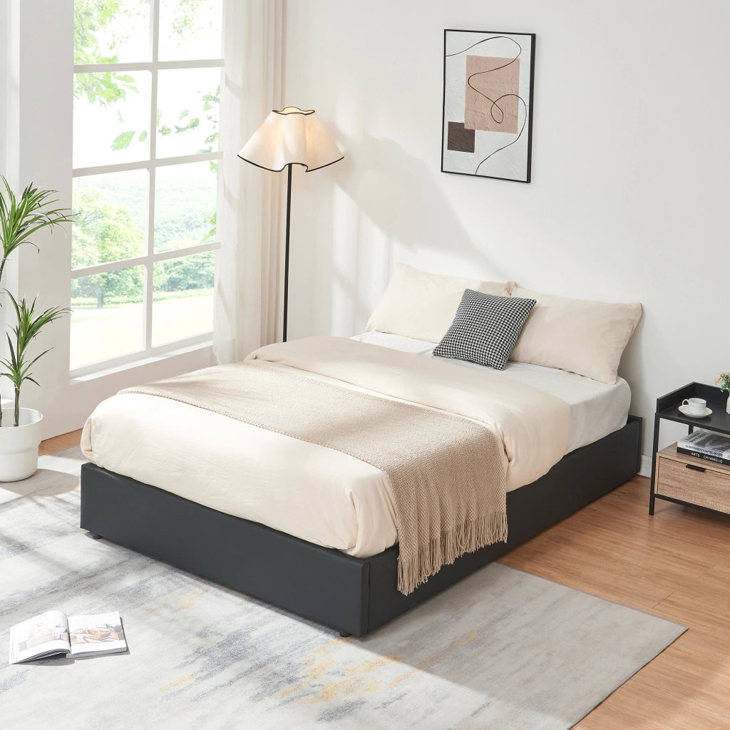 Letto Francese Contenitore Nola 140x200 cm con Materasso Apertura a Ribalta Rivestito in Similpelle - Nero [en.casa]