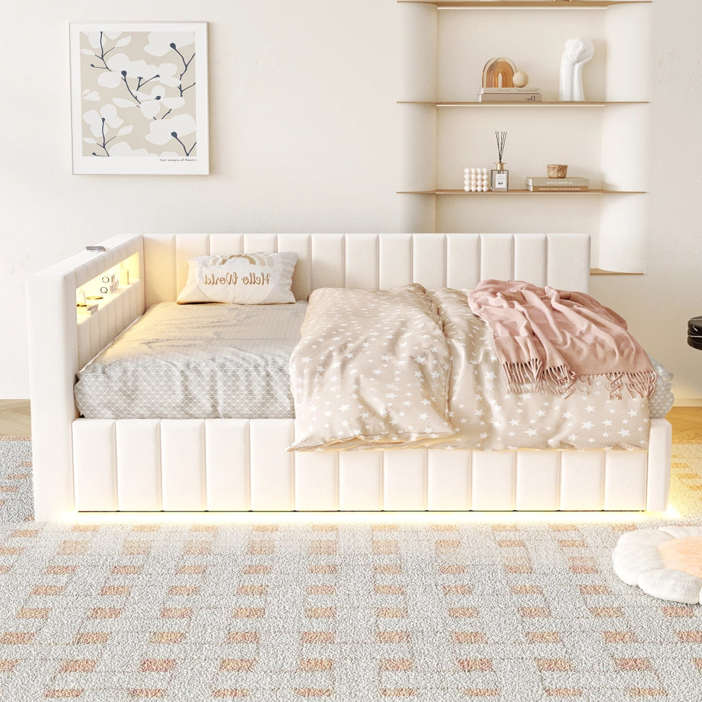Letto Contenitore 140x200 cm; con LED e USB; in Velluto Beige; con Testiera e Schienale