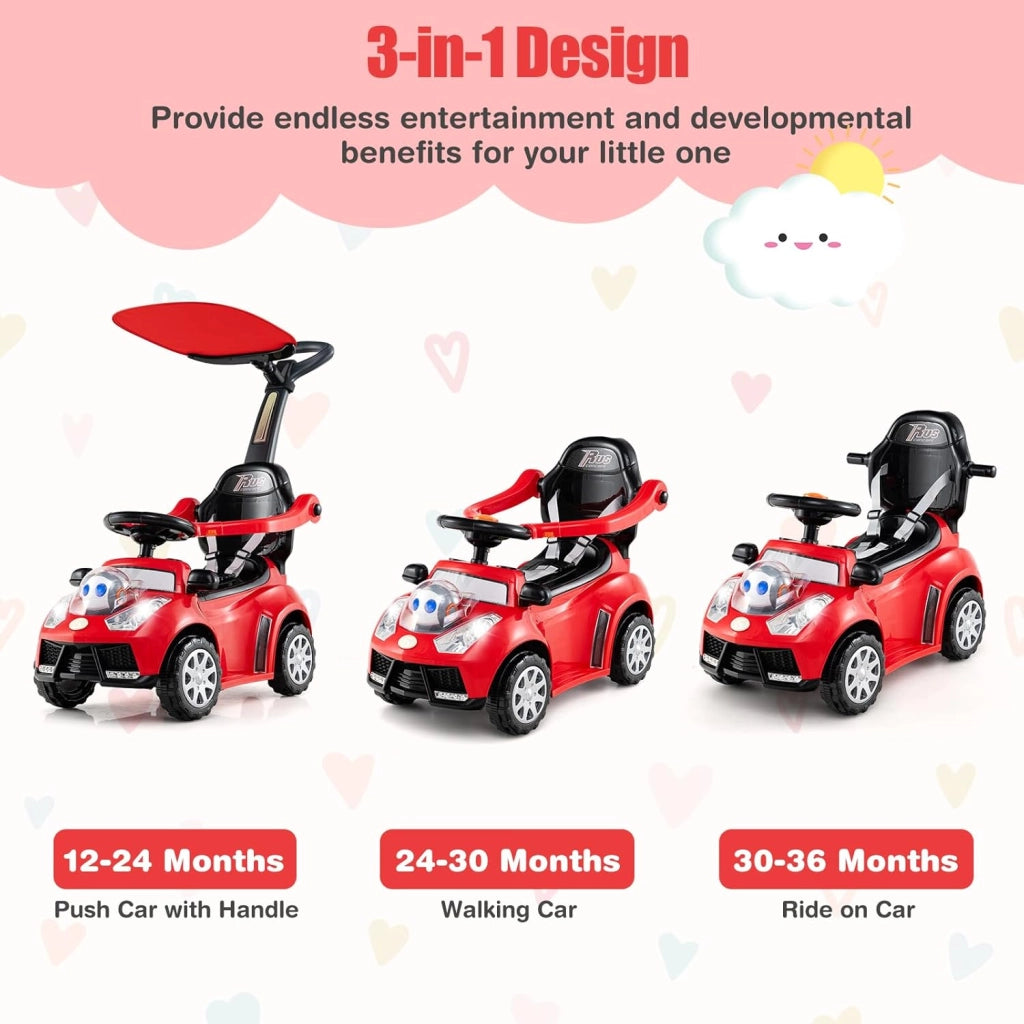 Macchina Cavalcabile per Bambini 1-3 Anni, Cavalcabile Bambino 3 in 1, Carpot & Maniglia Rimovibili, Guida Realistica con Volante, Clacson, Musica, Carico 25 KG, Regalo Ragazza Ragazzo (Rosso)