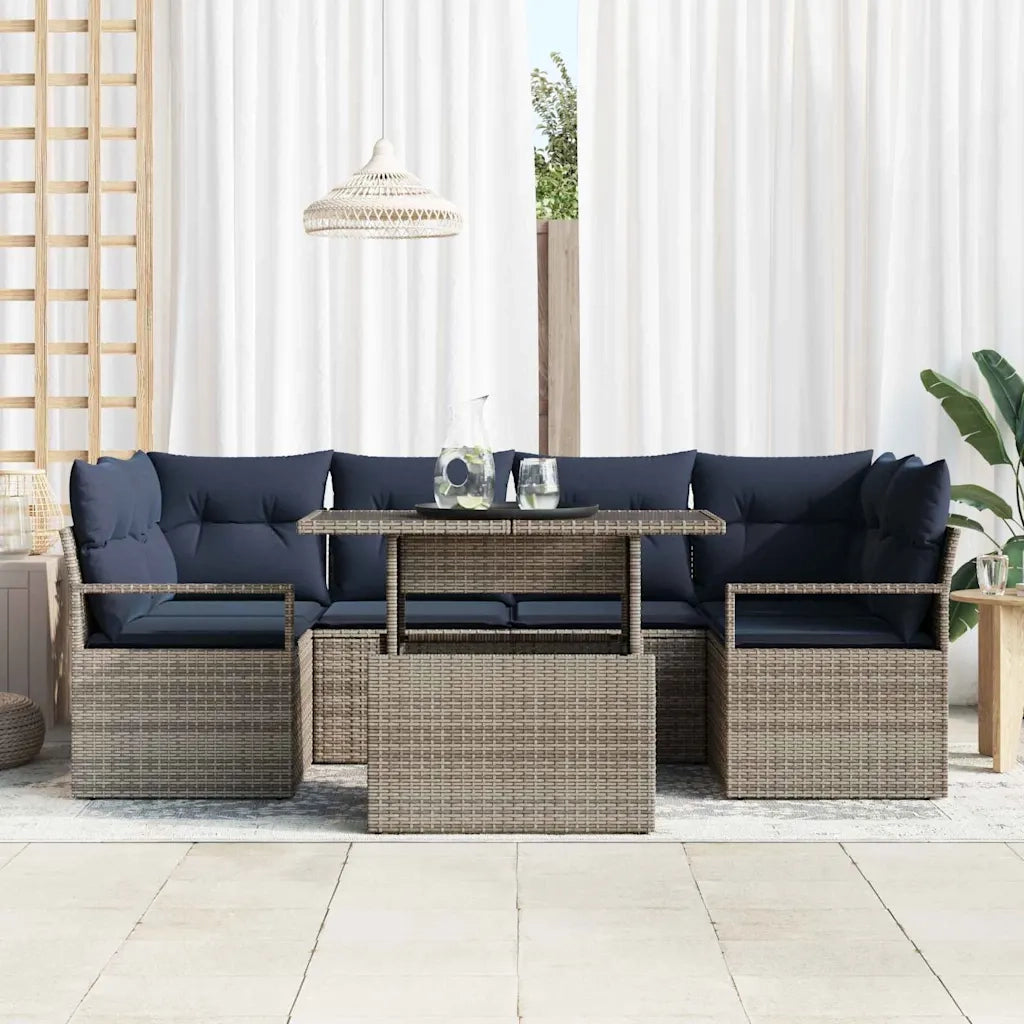 Set Divano da Giardino 7 pcs grigio e blu navy polyrattan