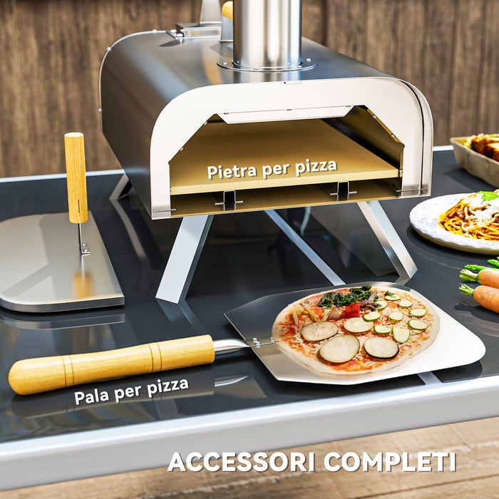 Forno per Pizza a Pellet 79x36x75 cm con Pietra Refrattaria e Pala in Acciaio Inox Argento