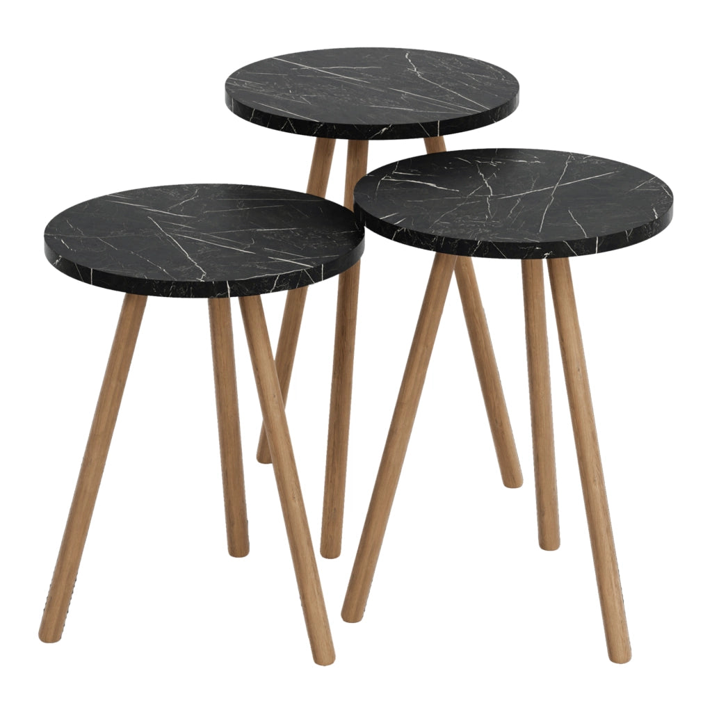 Set di 3 Tavolini Bassi da Salotto 'Hjørring' in Altezze Diverse con Piani Rotondi e Treppiede in Faggio - Marmo Nero [en.casa]