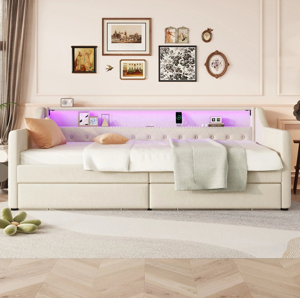 Divano letto 90x200 cm in lino beige con LED, USB e 2 cassetti