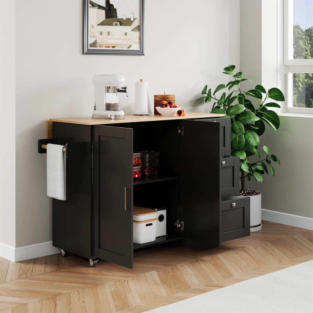 Carrello cucina mobile pieghevole con piano effetto rovere, 3 cassetti, armadio a 2 ante, ruote frenanti