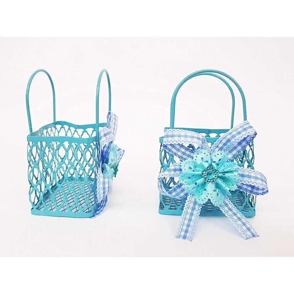 Trade Shop - 12pz Bomboniera Sacchetto Shoppers Metallo Azzurro Portaconfetti Nascita Comunione -