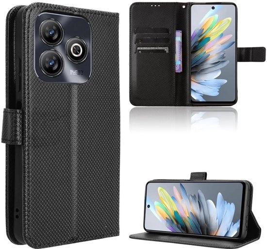 Etui schoccorientato per ZTE Blade A75 4G - Etui a scomparsa con portafoglio e slot per carte - Fibra di carbonio - Chiusura magnetica