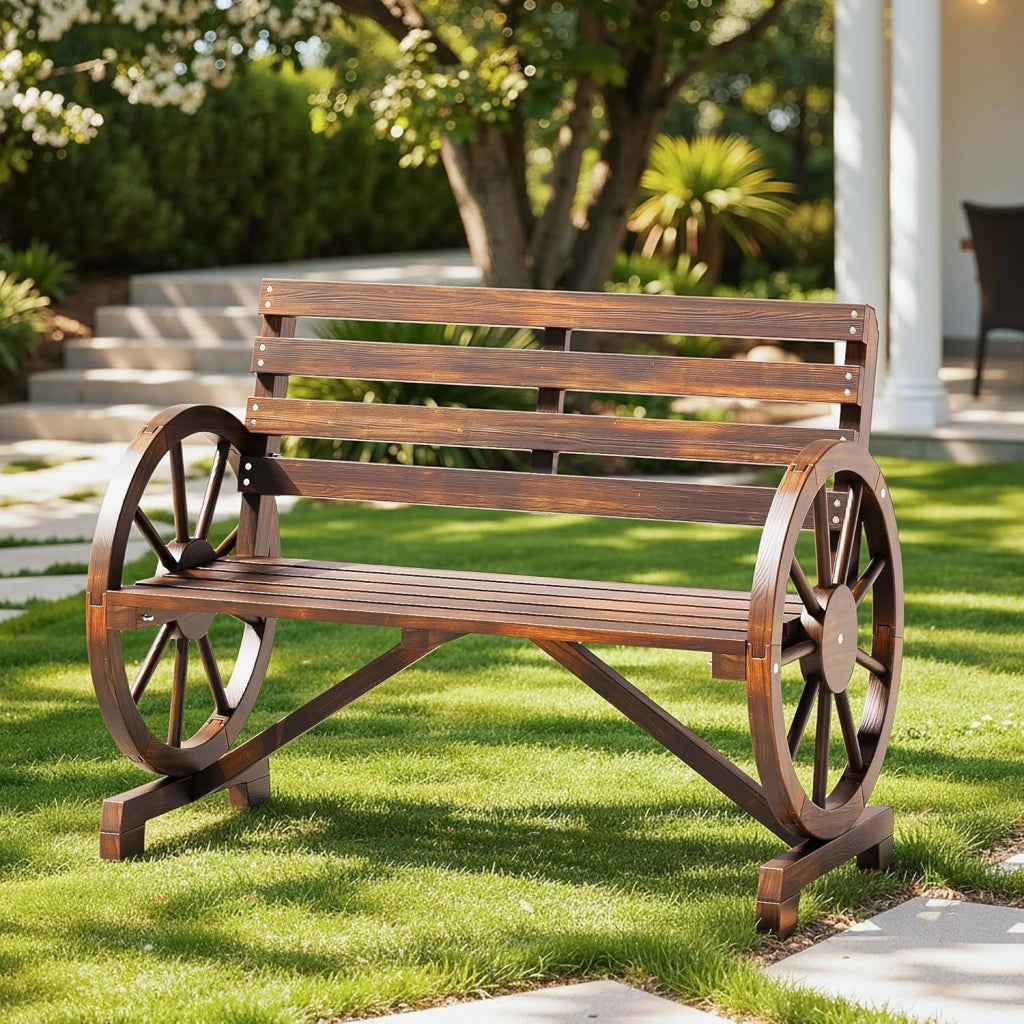 Panca da esterno a 2 posti, resistente alle intemperie, con braccioli a forma di ruota, in legno con schienale, in stile country, per patio, giardino, parco, 105.5 x 56 x 79 cm.