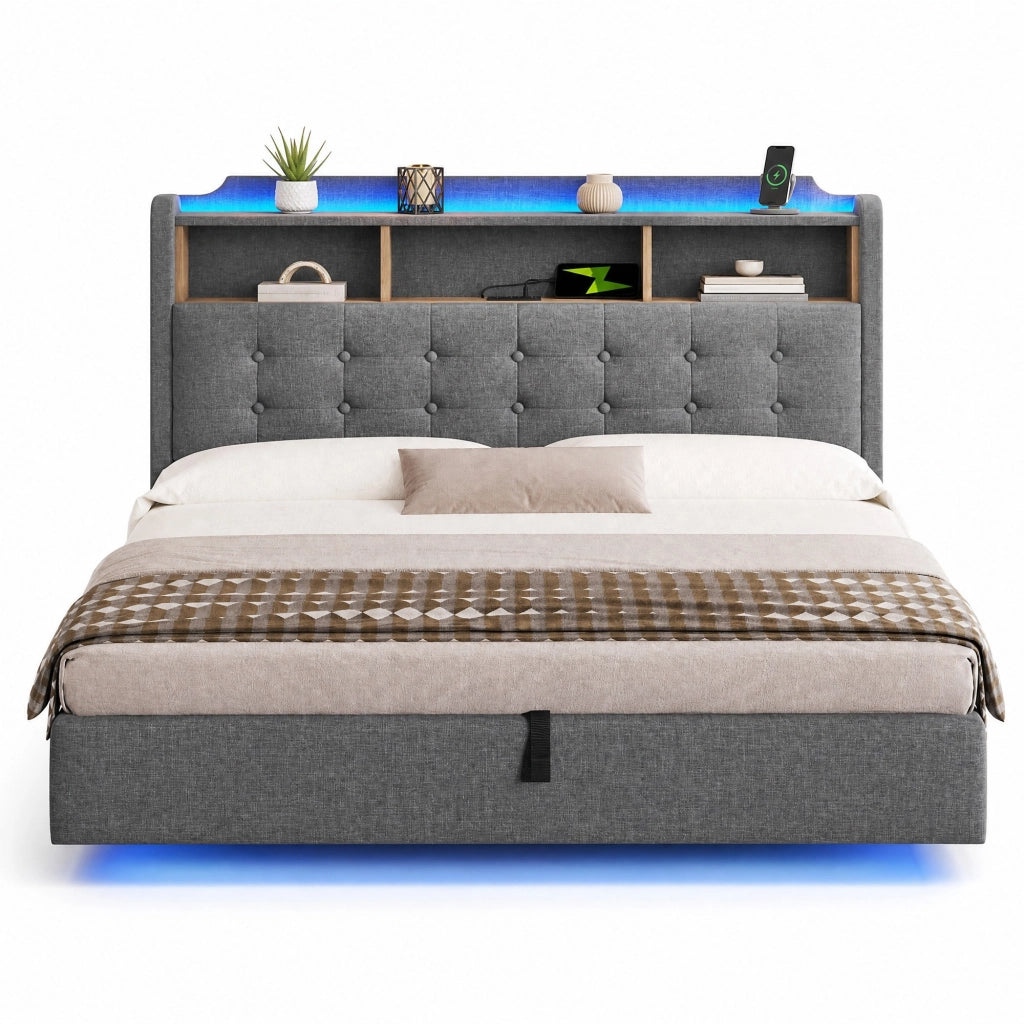 Letto imbottito 180x200 cm con LED; contenitore idraulico; USB e Type-C; lino; grigio