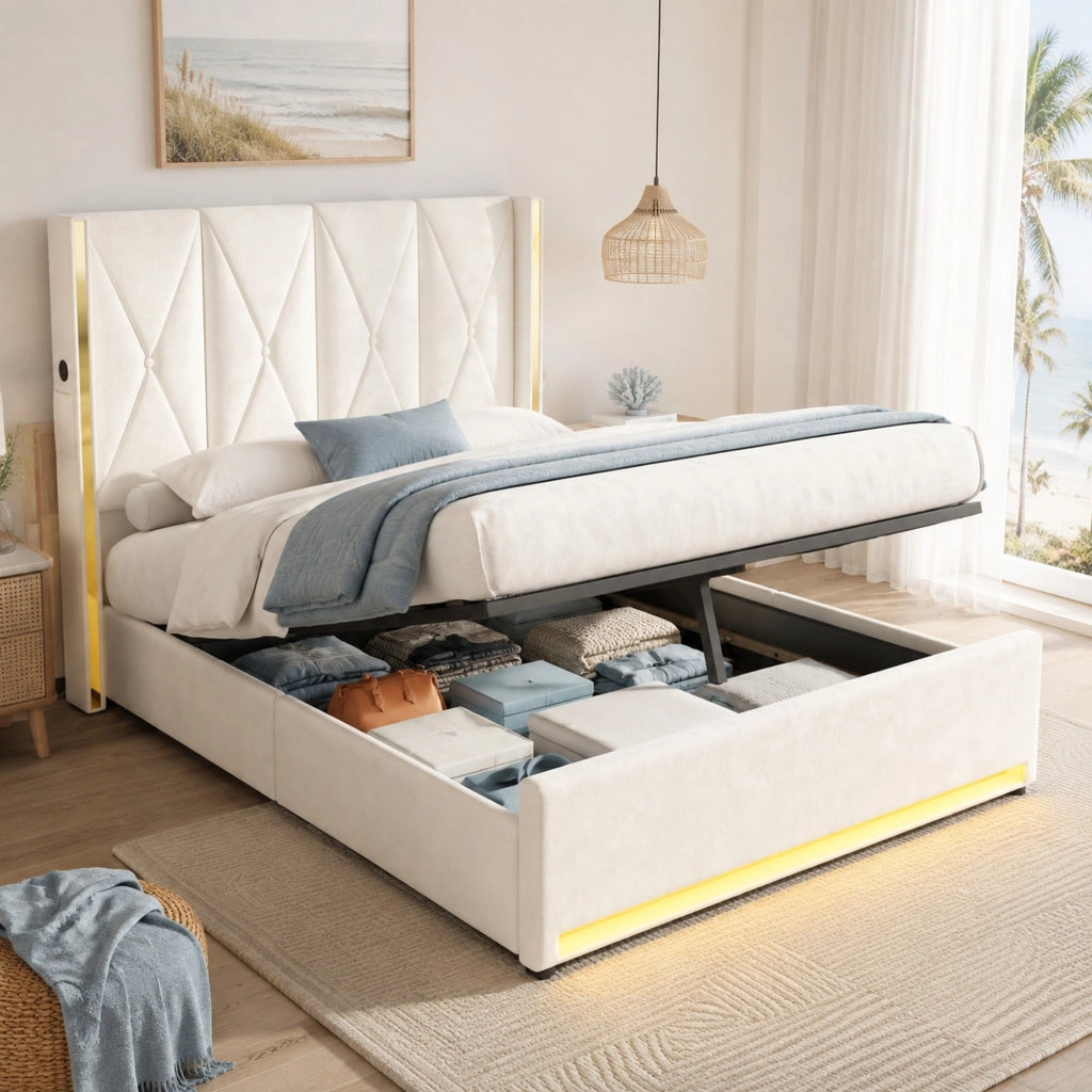 Letto matrimoniale imbottito 160x200 cm in velluto beige; con contenitore; LED e USB