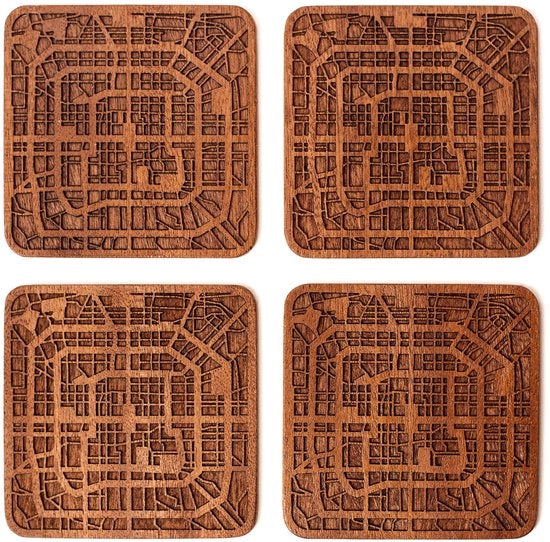 Onderzetters con mappa di Beijing in Sapele, 4 pezzi, con mappa della città, diverse città opzionale, fatti a mano