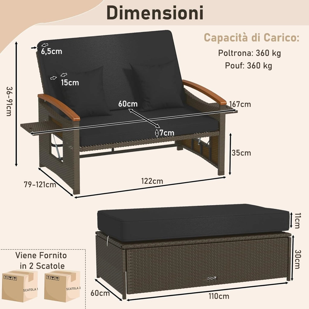 Lettino Prendisole da Giardino per 2 Persone, Divano Regolabile con Panca Contenitore e Cuscino con Schienale Regolabile a 4 Livelli e Vassoi Laterali Estraibili per Cortile e Balcone (Nero)