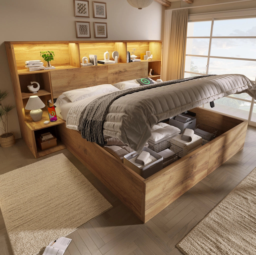 Letto contenitore 180x200 cm con LED, USB-C e comodini integrati in MDF e metallo, rovere
