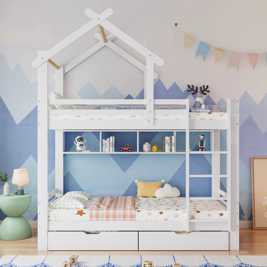 Letto a castello 90x200 cm bianco con cassetti, mensole e scala in pino