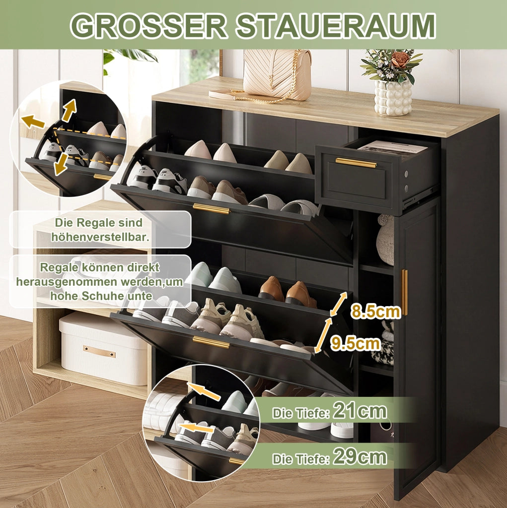 Set ingresso 4 pezzi nero e naturale con scarpiera e specchio