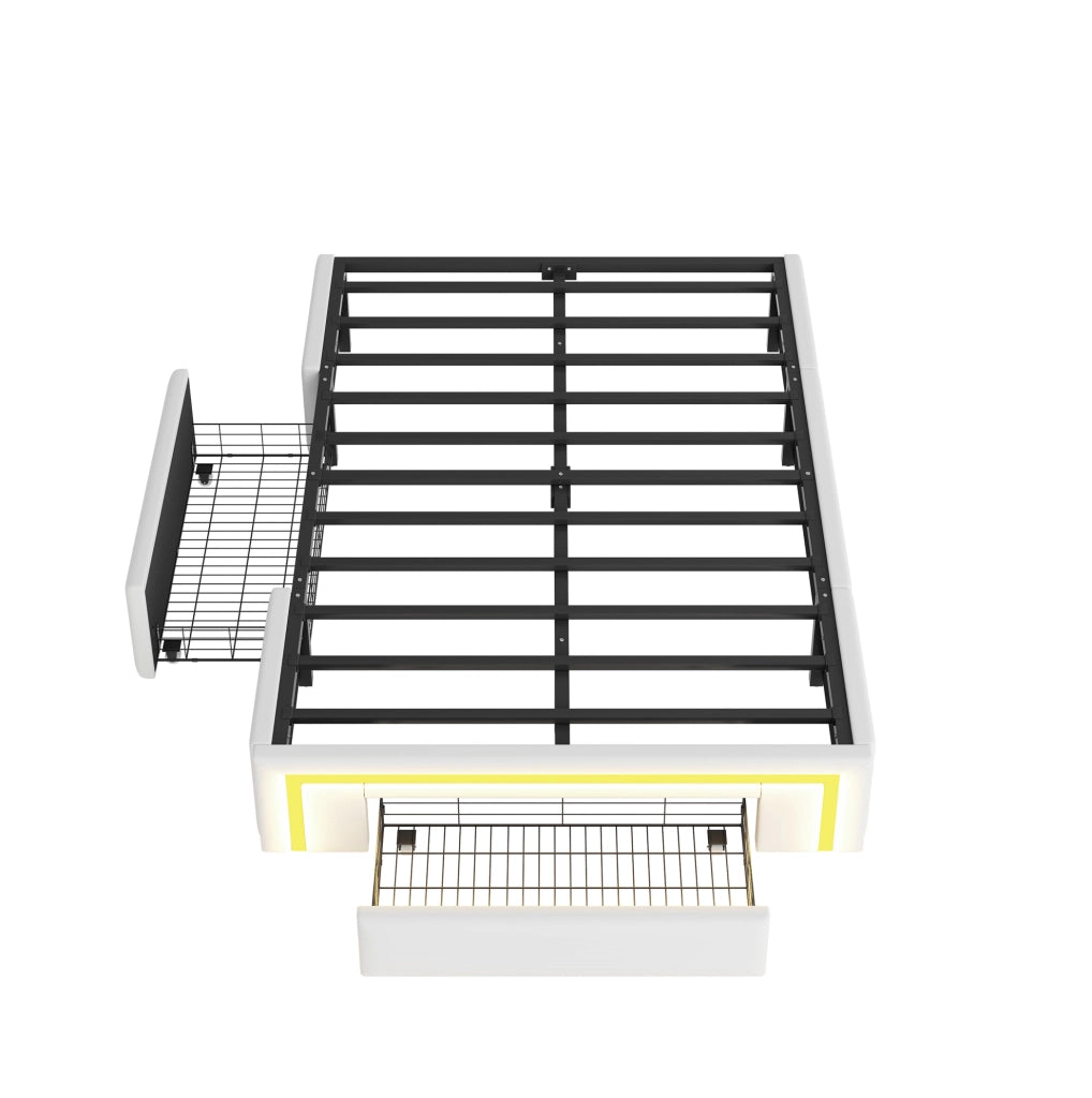Letto imbottito 90x200 cm in PU bianco senza testiera con cassetti e LED RGB