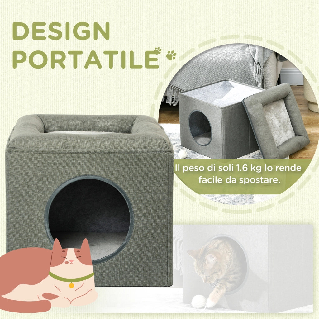 Casetta per Gatti a 2 Livelli con Cuscino in Peluche. in Legno. Poliestere e Plastica. 36.5x36.5x33 cm. Verde