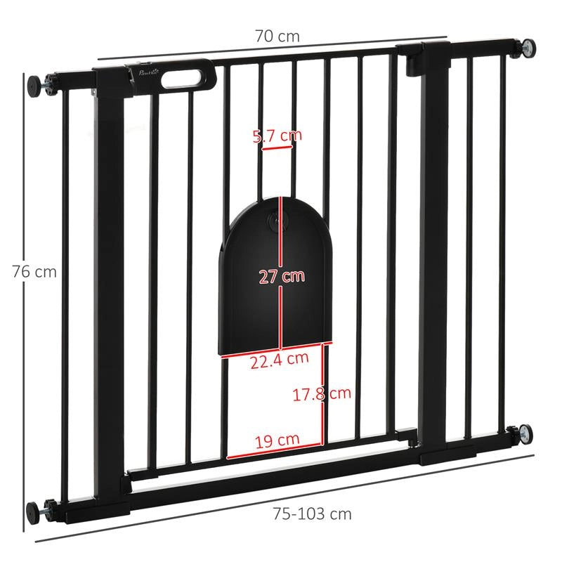 CANCELLINO PER CANI REGOLABILE CON PORTA PICCOLA E CHIUSURA AUTOMATICA, 75-103X76CM, NERO
