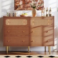 Credenza cucina Vintage con 6 Cassetti con Rattan e Maniglie Dorate per Camera da Letto e Soggiorno, Noce