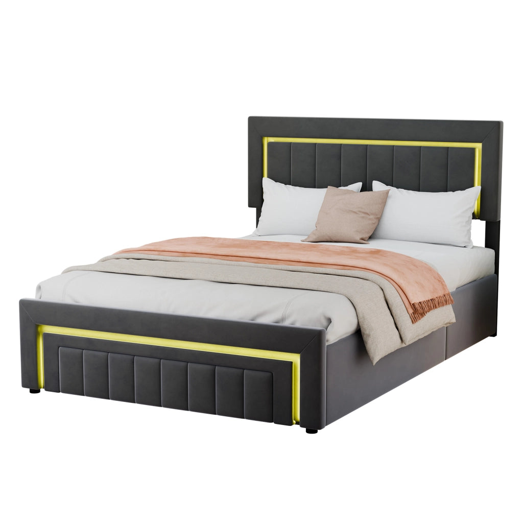 Letto matrimoniale contenitore 140x190 cm grigio antracite in velluto con LED, cassetto e rete a doghe