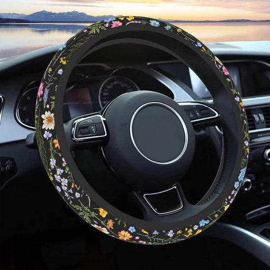 Cuscino per volante unisex, volante antiscivolo respirante, copertura per volante con fiori selvatici, accessori per auto, universale 14 pollici 02/2-15 pollici, adatto per auto e SUV.