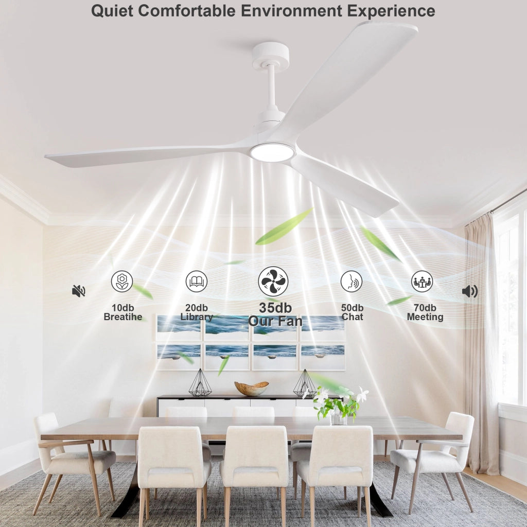Ventilatore da soffitto bianco puro 70 pollici, 3 pale ad elica rinforzate in legno massello, motore DC reversibile silenzioso, design moderno