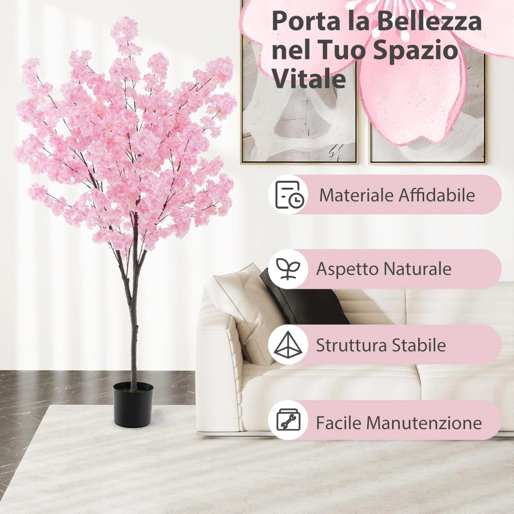 Albero di Finti Fiori di Ciliegio, Albero Artificiale con 900 Fiori Rosa, Tronco in PE Robusto, Base Riempita di Cemento, Pianta Floreale Finta in Vaso per Ufficio e Casa