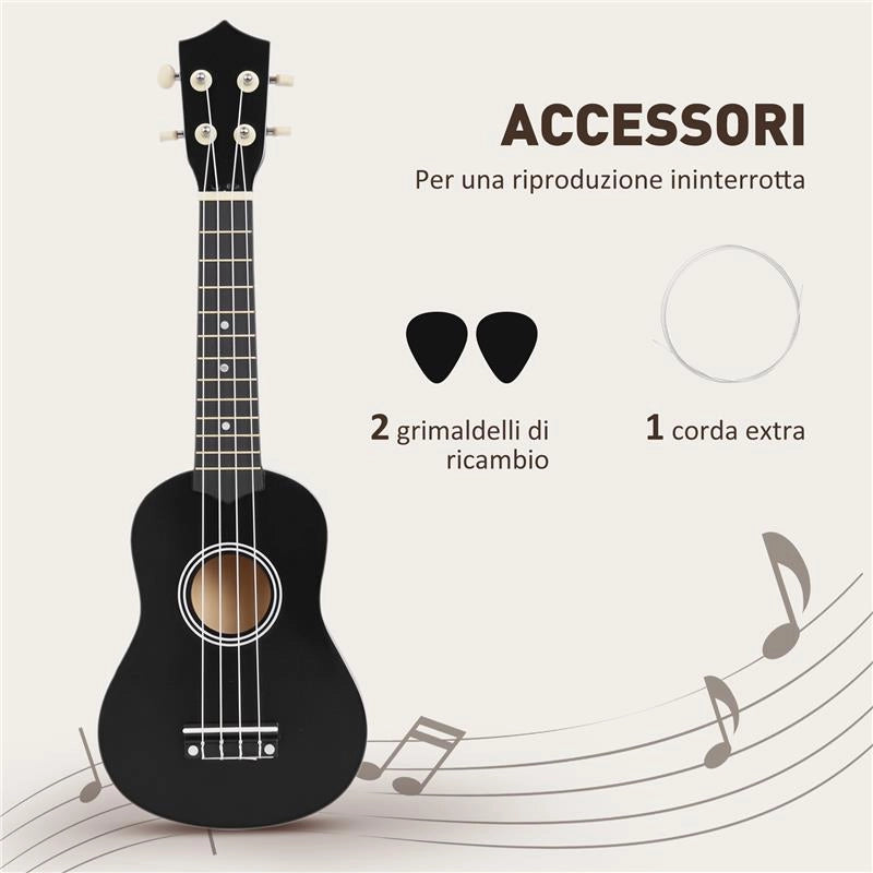 UKULELE PER PRINCIPIANTI DA 21 POLLICI IN LEGNO CON CORDE IN NYLON, PLETTRO E CORDA DI RICAMBIO, NERO