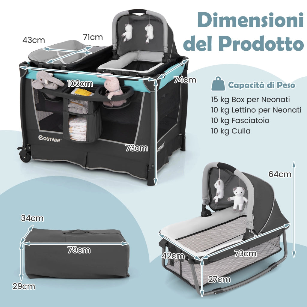 Lettino viaggio 5 in 1 pieghevole culla removibile fasciatoio materasso-Box bambini ripiano portaoggetti ruote bloccabili neonati Verde