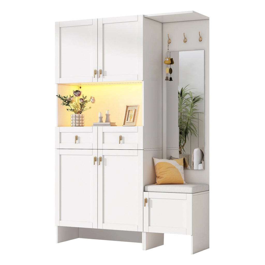 Mobile ingresso con 5 ante; 2 cassetti; 3 ganci; specchio e LED - in truciolato - 120×33.5×180 cm - bianco