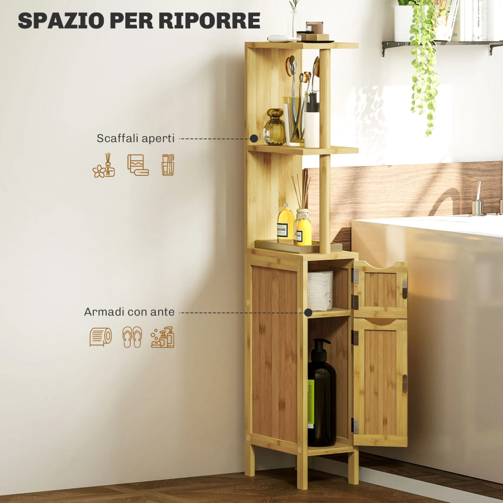 Colonna Bagno con Ripiani Aperti e Armadietti con Ante Magnetiche. 18x30x120 cm. Colore Legno