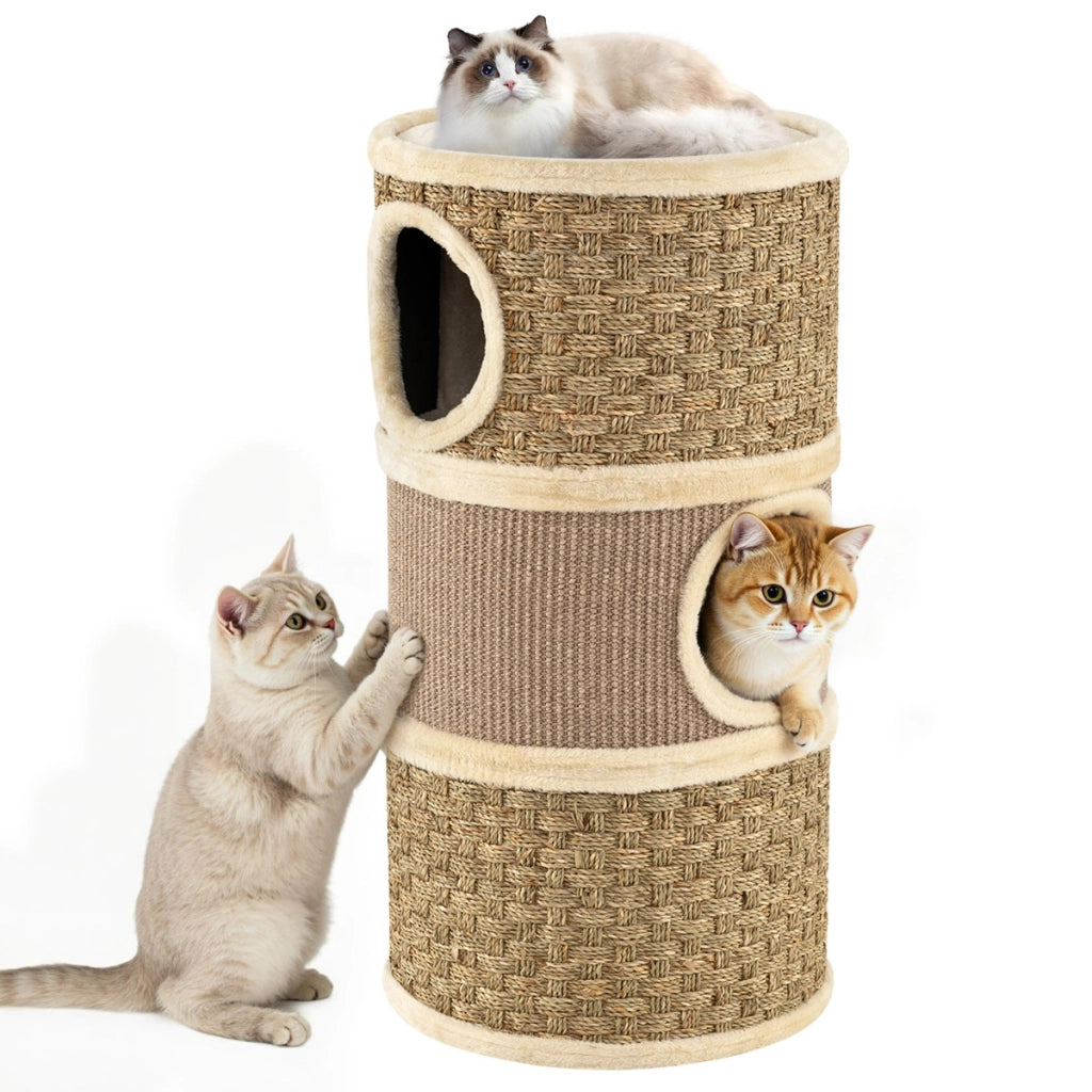 Condominio per gatti a 3 piani con tappetino tiragraffi in sisal, Casa da gioco moderna per gatti da interno-Alberi Tiragraffi