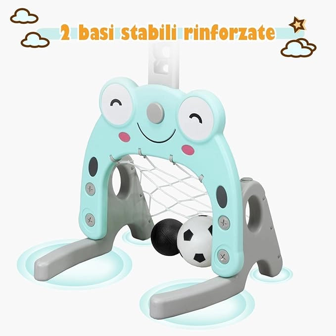 Canestro da Basket, Centro Attività 3 in 1 per Bambini, Canestro da Basket con Porta da Calcio e Gioco degli Anelli, Set Basket e Calcio a Forma di Orso, Ideale per Bambini (Verde)