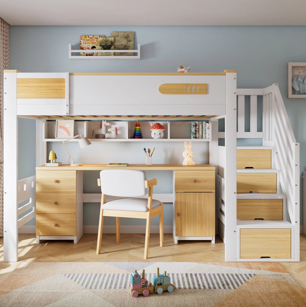 Letto a soppalco 90x200 cm con scrivania e scala contenitore