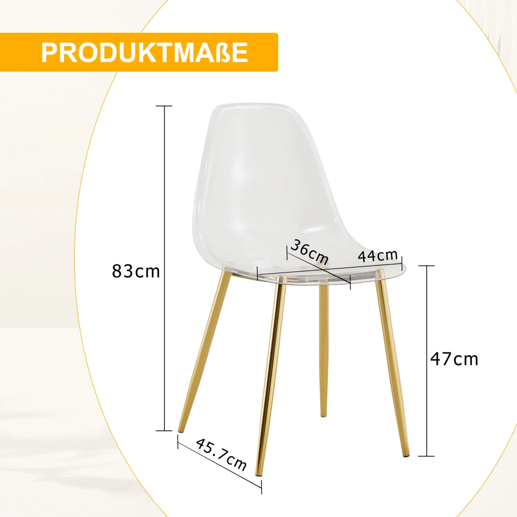 Sedie da pranzo trasparenti, 4 pezzi in plastica con gambe in metallo dorato, stabili e facili da pulire