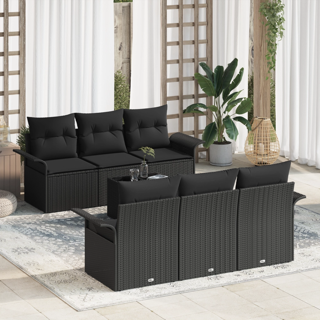 Set di Divani da Giardino a 7 Pezzi con Cuscini Nero Rattan Poly