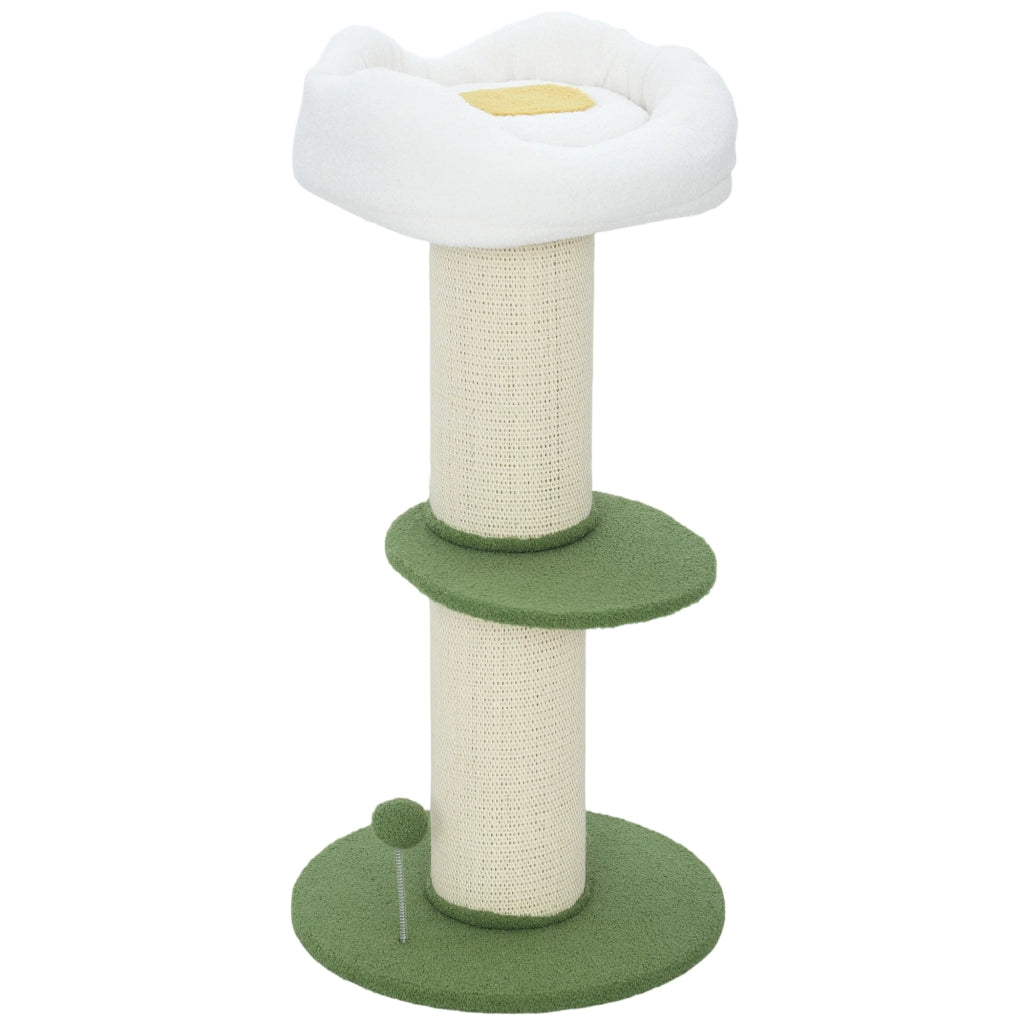 Albero Tiragraffi per Gatti Alto 92 cm con Palo in Sisal e Lettino a Forma di Fiore Verde