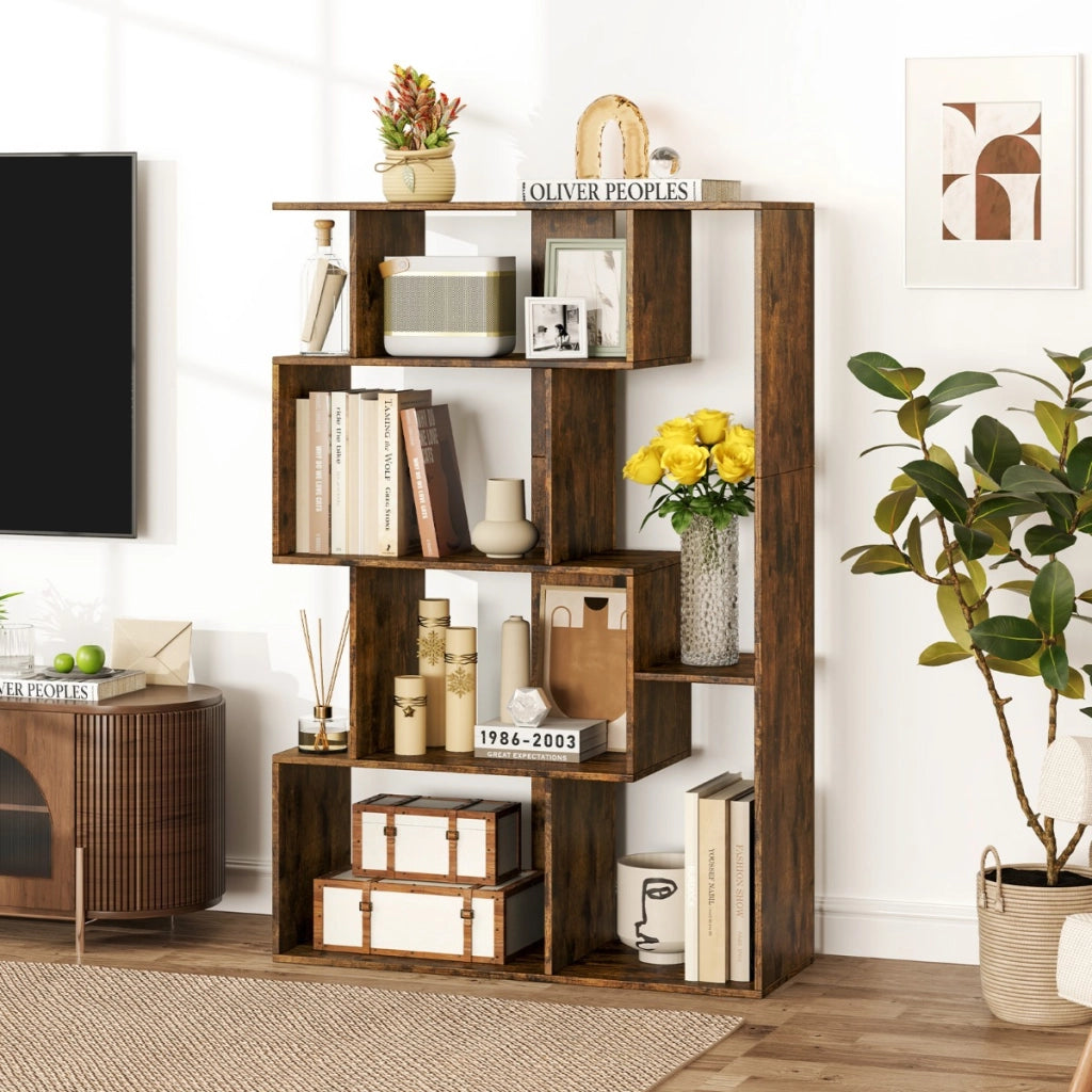 Grande libreria a 6 cubi con kit anti-ribaltamento unit¨¤ di scaffali autoportante, Libreria geometrica aperta Marrone-Scaffali e librerie