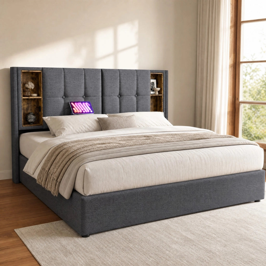 Letto matrimoniale imbottito 160x200 cm con ricarica wireless, USB e contenitore, grigio