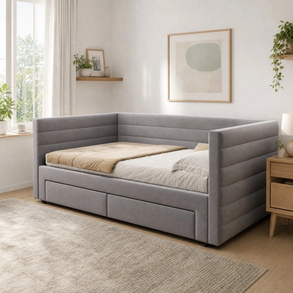 Letto estraibile imbottito multifunzione convertibile da singolo a matrimoniale con rete a doghe due cassetti grigio