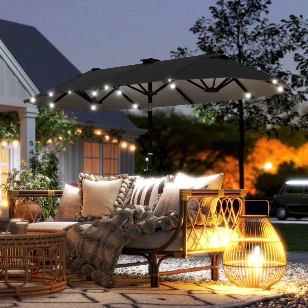 Ombrellone da giardino doppio 3x1.5 m ¨C zephmum ¨C grigio con illuminazione solare e manovella