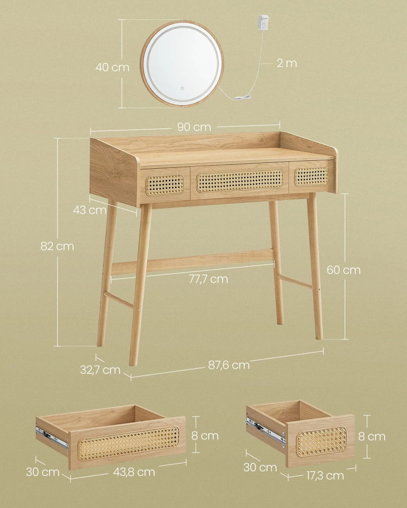 Toeletta con specchio e luce tavolo da trucco con 3 cassetti finto rattan luce regolabile con 3 tonalità di colore stile bohémien camera da letto beige 12_0006048